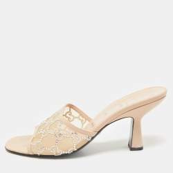 Gucci Beige Leather and Mesh GG Crystals Slide Sandals Size 39