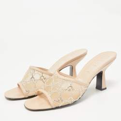 Gucci Beige Leather and Mesh GG Crystals Slide Sandals Size 39