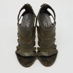 Gucci Olive Green Python Leather and Suede Gladiator Sandals Size 36