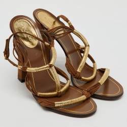 Gucci Gold/Brown Leather and Suede Cord Strappy Sandals Size 37