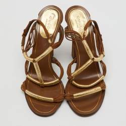 Gucci Gold/Brown Leather and Suede Cord Strappy Sandals Size 37