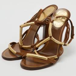 Gucci Gold/Brown Leather and Suede Cord Strappy Sandals Size 37