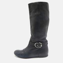 Gucci Black Leather GG Riding Knee Length Boots Size 40