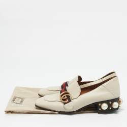 Gucci Off White Leather Interlocking G Horsebit Slip On Loafers Size 36.5
