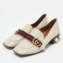 Gucci Off White Leather Interlocking G Horsebit Slip On Loafers Size 36.5