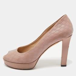 Gucci Beige Microguccissima Leather Peep Toe Platform Pumps Size 39.5