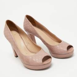 Gucci Beige Microguccissima Leather Peep Toe Platform Pumps Size 39.5