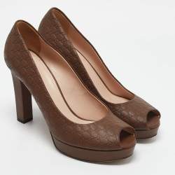 Gucci Brown Microguccissima Leather Peep Toe Platform Pumps Size 39