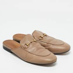 Gucci Beige Leather Horsebit Princetown Flat Mules Size 38