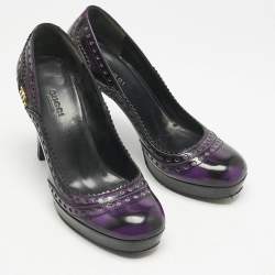 Gucci Purple/Black Leather Brogue Round Toe Platform Pumps Size 37.5