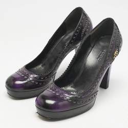 Gucci Purple/Black Leather Brogue Round Toe Platform Pumps Size 37.5