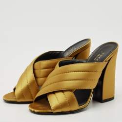 Gucci Mustard Yellow Quilted Satin Crisscross Block Heel Slide Sandals Size 38.5