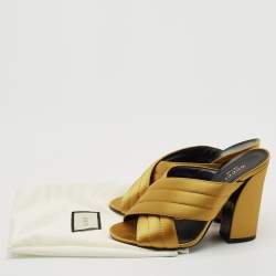 Gucci Mustard Yellow Quilted Satin Crisscross Block Heel Slide Sandals Size 38.5
