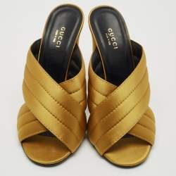 Gucci Mustard Yellow Quilted Satin Crisscross Block Heel Slide Sandals Size 38.5