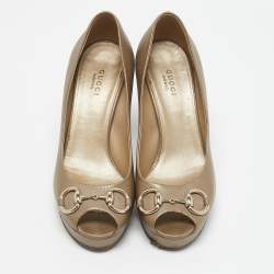 Gucci Metallic Gold Leather Horsebit Peep Toe Platform Pumps Size 37.5
