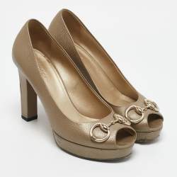 Gucci Metallic Gold Leather Horsebit Peep Toe Platform Pumps Size 37.5