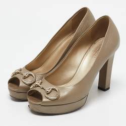 Gucci Metallic Gold Leather Horsebit Peep Toe Platform Pumps Size 37.5