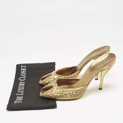 Gucci Metallic Gold Studded Leather Peep Toe Slide Mules Size 40.5