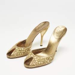 Gucci Metallic Gold Studded Leather Peep Toe Slide Mules Size 40.5