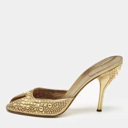 Gucci Metallic Gold Studded Leather Peep Toe Slide Mules Size 40.5