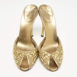 Gucci Metallic Gold Studded Leather Peep Toe Slide Mules Size 40.5