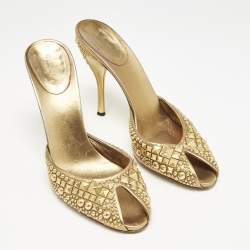 Gucci Metallic Gold Studded Leather Peep Toe Slide Mules Size 40.5