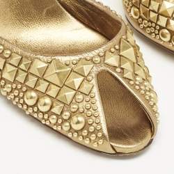Gucci Metallic Gold Studded Leather Peep Toe Slide Mules Size 40.5