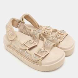 Gucci Beige Mesh and Suede Isla GG Crystal Embellished Slingback Sandals Size 36