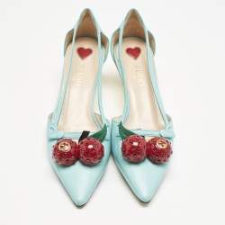 Gucci Blue Leather Unia Cherry Embellished Pointed Toe Pumps Size 35