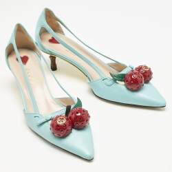 Gucci Blue Leather Unia Cherry Embellished Pointed Toe Pumps Size 35