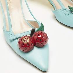 Gucci Blue Leather Unia Cherry Embellished Pointed Toe Pumps Size 35