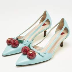 Gucci Blue Leather Unia Cherry Embellished Pointed Toe Pumps Size 35