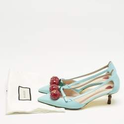 Gucci Blue Leather Unia Cherry Embellished Pointed Toe Pumps Size 35