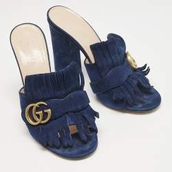 Gucci Navy Blue Suede GG Marmont Fringe Block Heel Slide Sandals Size 39