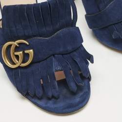 Gucci Navy Blue Suede GG Marmont Fringe Block Heel Slide Sandals Size 39