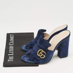 Gucci Navy Blue Suede GG Marmont Fringe Block Heel Slide Sandals Size 39