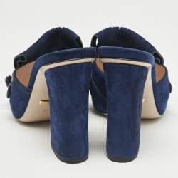 Gucci Navy Blue Suede GG Marmont Fringe Block Heel Slide Sandals Size 39