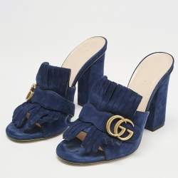 Gucci Navy Blue Suede GG Marmont Fringe Block Heel Slide Sandals Size 39