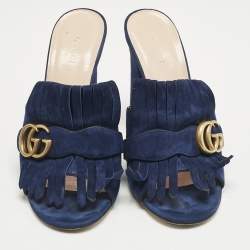 Gucci Navy Blue Suede GG Marmont Fringe Block Heel Slide Sandals Size 39
