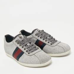 Gucci Silver Glitter Leather Bambi Web Sneakers Size 36