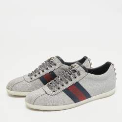 Gucci Silver Glitter Leather Bambi Web Sneakers Size 36