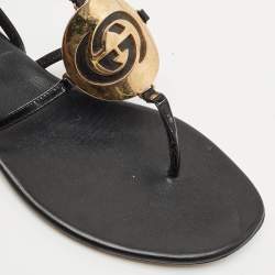 Gucci Black Patent Leather Logo Buckle Flat Thong Sandals Size 39