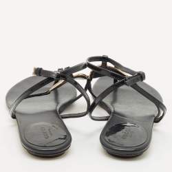 Gucci Black Patent Leather Logo Buckle Flat Thong Sandals Size 39
