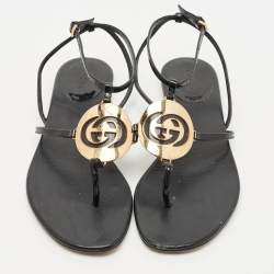 Gucci Black Patent Leather Logo Buckle Flat Thong Sandals Size 39