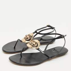 Gucci Black Patent Leather Logo Buckle Flat Thong Sandals Size 39
