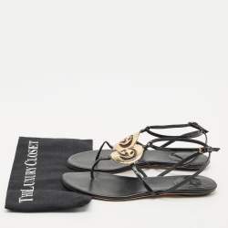 Gucci Black Patent Leather Logo Buckle Flat Thong Sandals Size 39