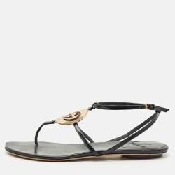Gucci Black Patent Leather Logo Buckle Flat Thong Sandals Size 39