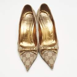 Gucci Beige GG Canvas and Leather Crystal Embellished Bow Pumps Size 37