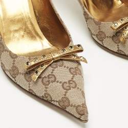Gucci Beige GG Canvas and Leather Crystal Embellished Bow Pumps Size 37