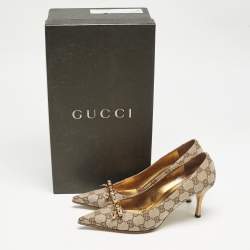 Gucci Beige GG Canvas and Leather Crystal Embellished Bow Pumps Size 37